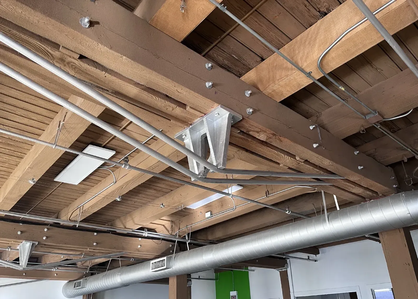 Exposed heavy-timber beams and joists