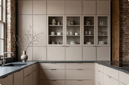 Loft kitchen with warm cabinetry, charcoal stone and exposed brick