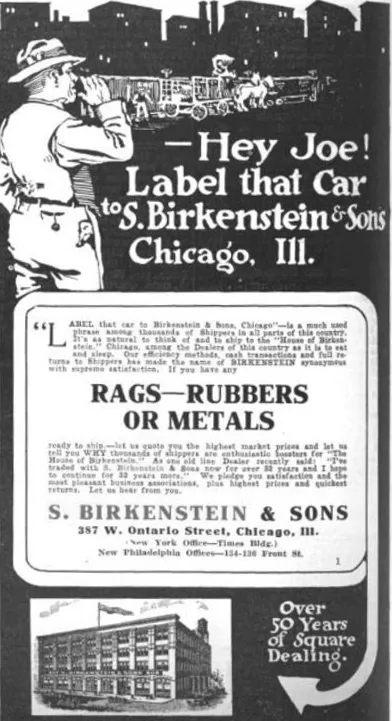 1916 S. Birkenstein & Sons advertisement reading Hey Joe! Label that Car to S. Birkenstein & Sons, Chicago