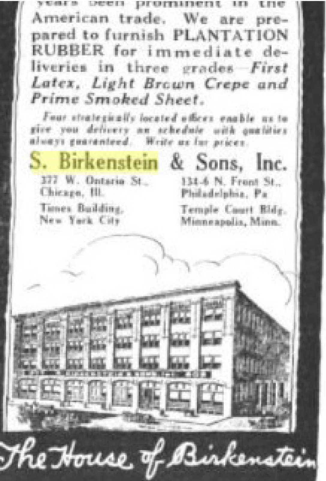 1920 advertisement showing the building above the script signature The House of Birkenstein
